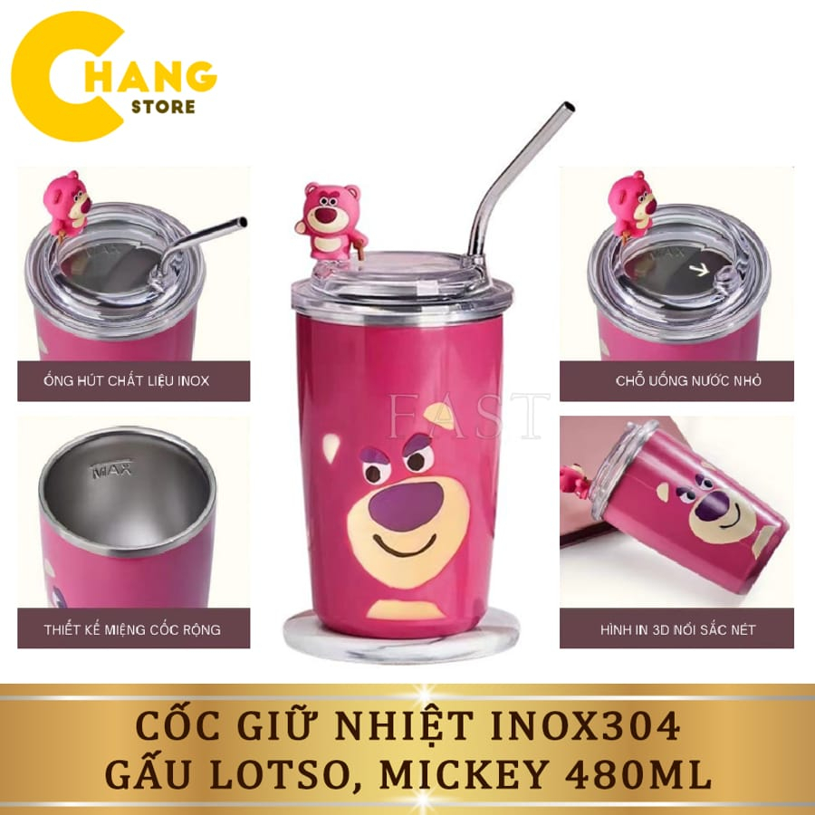 Ly Giữ Nhiệt Gấu Dâu Dễ Thương Lotso, Cốc Hoạt Hình Hồng Inox 304 Cao Cấp Không Gỉ Tặng Ống Hút Tiện Lợi Và Charm Gấu