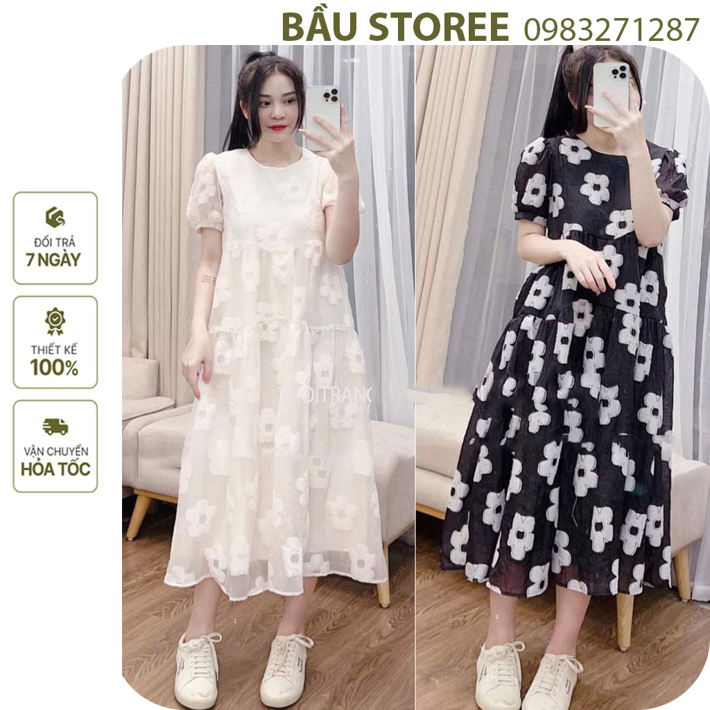 ĐẦM BẦU DỰ TIỆC-VÁY BẦU CÔNG SỞ, DẠO PHỐ THIẾT KẾ BABAYDOLL VẢI VOAN TƠ HOA 2 LỚP CỰC
