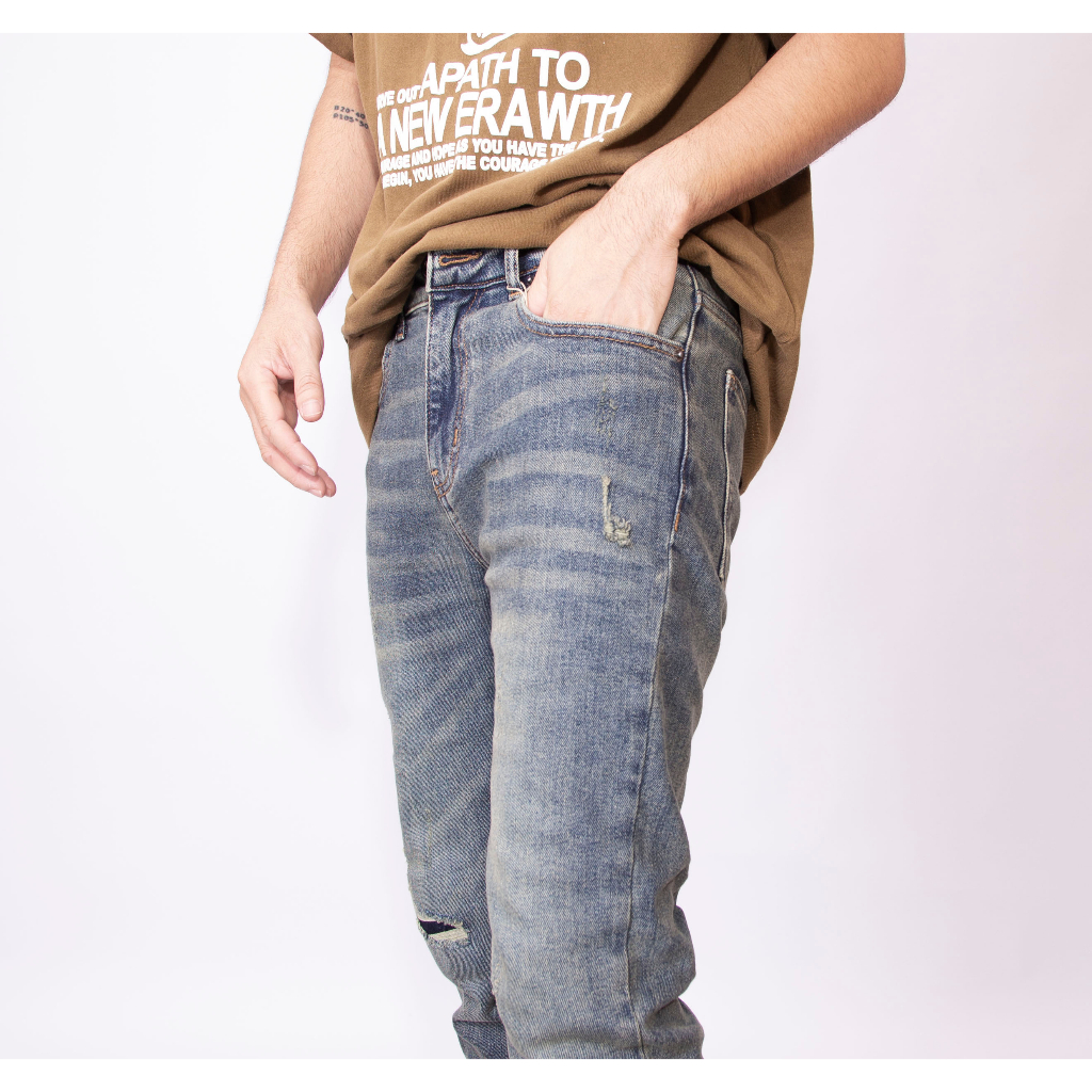 Quần Jean nam LAB+ COTTONLAB quần bò màu xanh rách cao cấp, co giãn nhẹ form Slimfit - LAB703