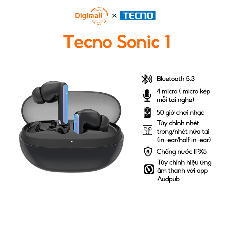 Tai nghe Tecno Sonic 1 | Bluetooth 5.3 | Chống nước IPX5 | 50 giờ chơi nhạc | - Hàng chính hãng