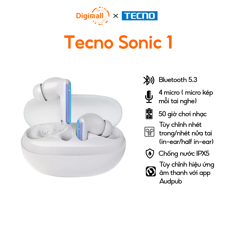 Tai nghe Tecno Sonic 1 | Bluetooth 5.3 | Chống nước IPX5 | 50 giờ chơi nhạc | - Hàng chính hãng