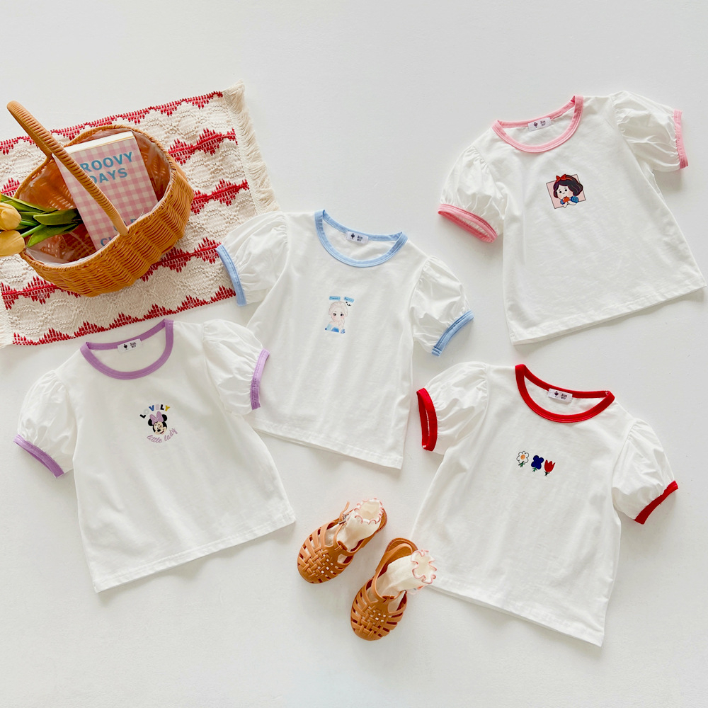 Áo Thun Bé Gái Cotton Tay Ngắn Phồng Cao Cấp Mùa Hè Họa Tiết Hoạt Hình Dễ Thương Phong Cách Hàn Quốc Từ 3-10 Tuổi