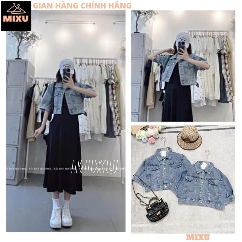Áo khoác bò tay lỡ bồng dáng croptop hottrend, Áo khoác jean lửng tay bấm cúc màu siêu đẹp thời trang Hàn quốc - MIXU