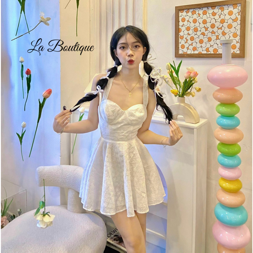 Đầm hai dây hở lưng đan dây vải xô La Boutique nữ tính bánh bèo