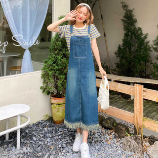 Yếm váy jean VM Shop nữ trơn dáng dài túi lớn trước ngực, lai tua rua thời trang 9062 YJU00009