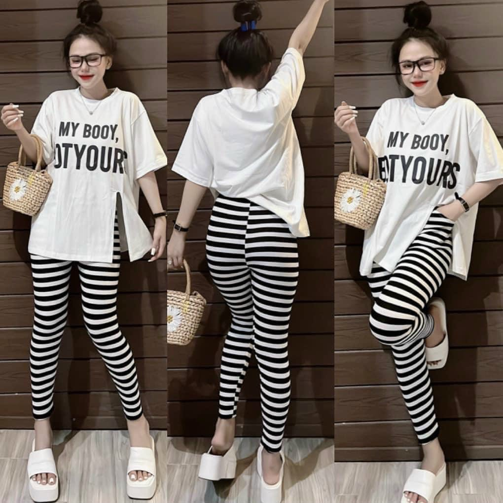 Set bộ thun áo xẻ tà họa tiết chữ mix quần ôm body kẻ sọc siêu tôn dáng dành cho các chị em đi chơi, dạo phố