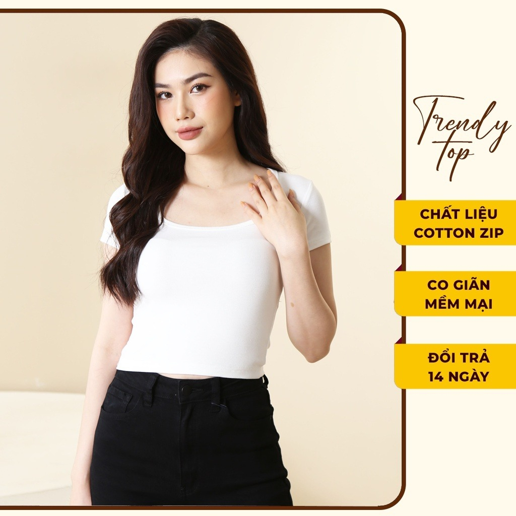 Áo thun kiểu nữ cổ U dáng ôm chất cotton zip siêu co giãn, TRENDY TOP