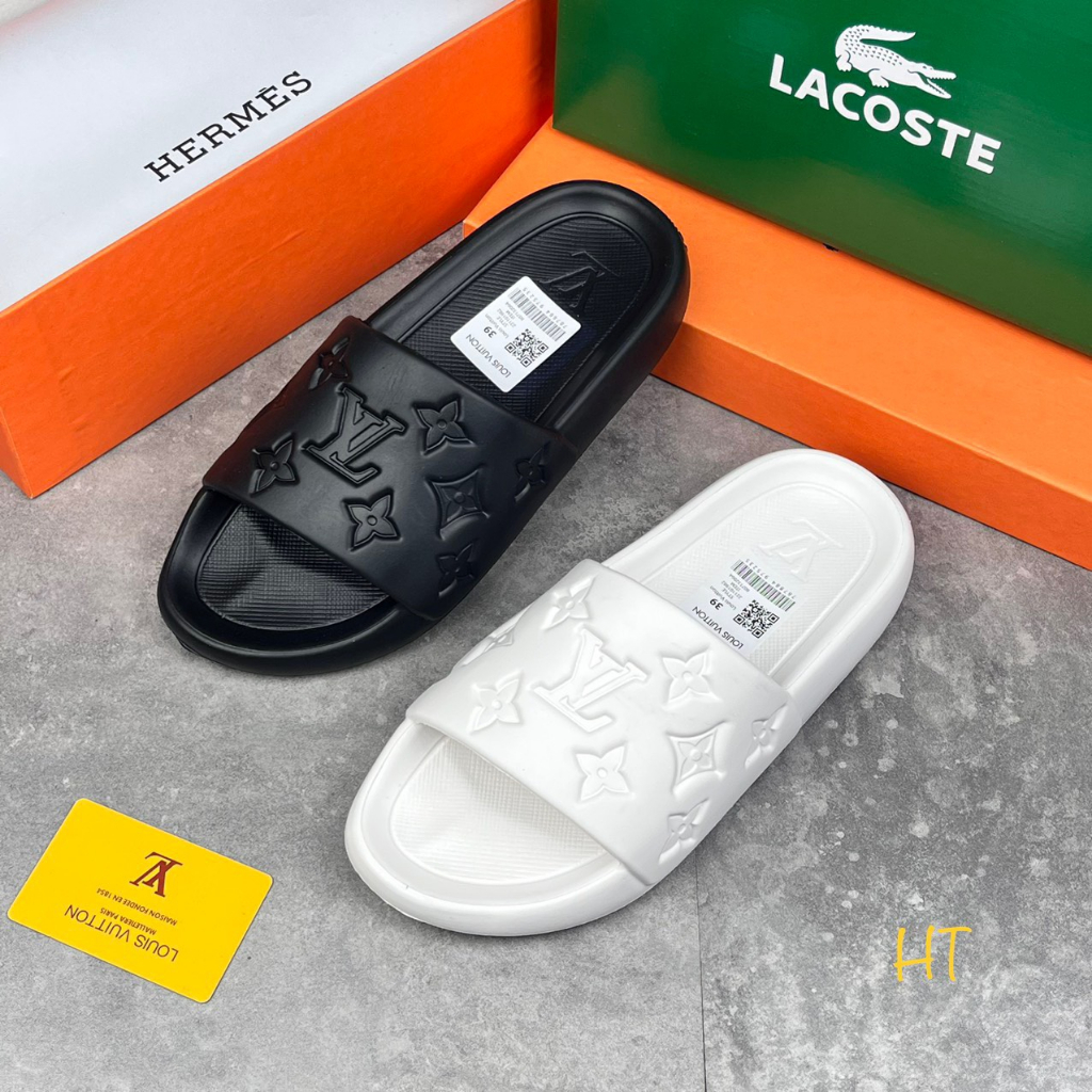 Dép Đúc L.V Monogram 2 Màu Đen Trắng - Chất Liệu Đế Cao Su Mềm,Đi Êm Chân,Chống Trơn Trượt Tốt - Lê Quai Ngang Nam Nữ.