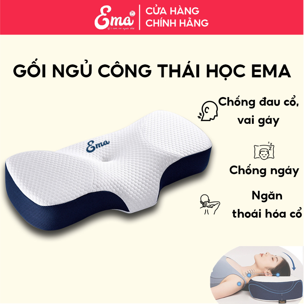 Gối công thái học Ema chất liệu cao su non cao cấp giúp ngủ ngon chống đau mỏi cổ vai gáy và chống ngáy cho người lớn