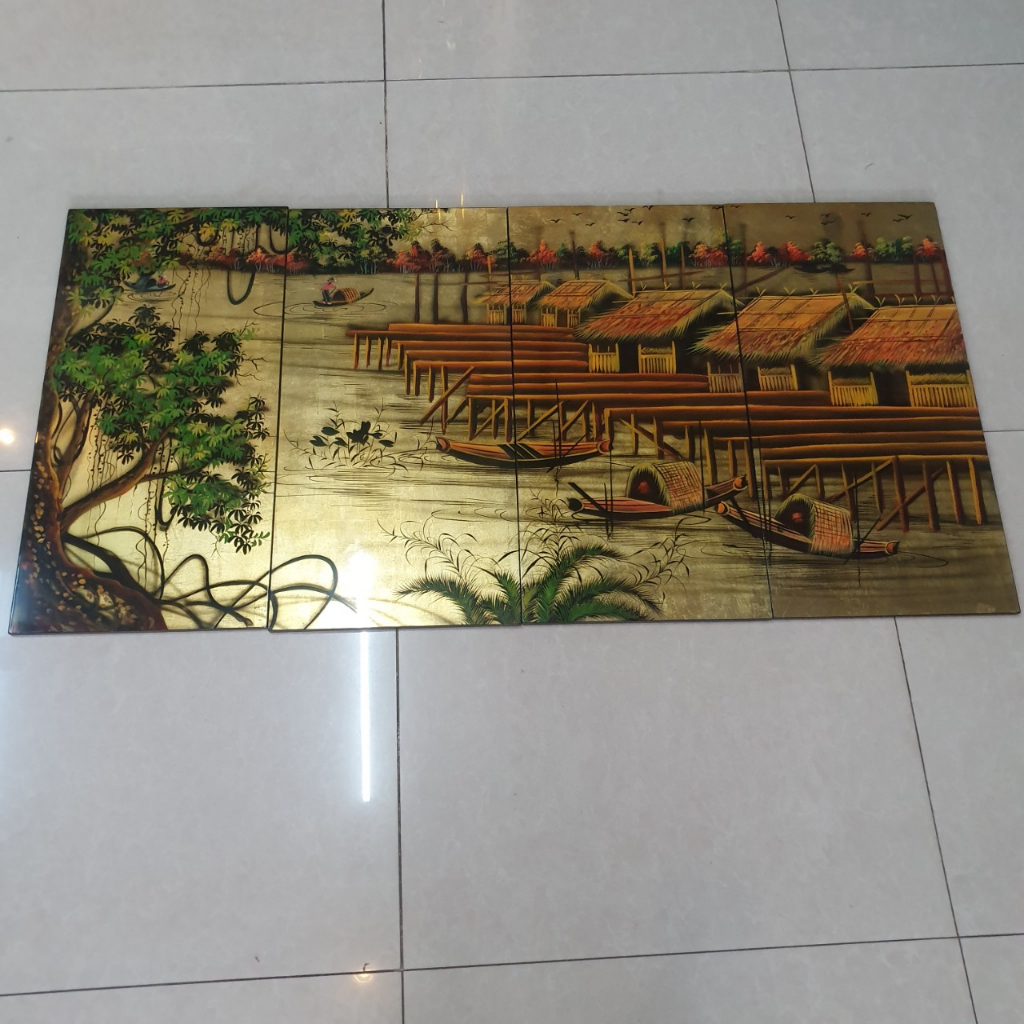 Tranh sơn mài 4 mùa Mai Lan Cúc Trúc, vẽ 3D đắp nổi size 60x120 cm