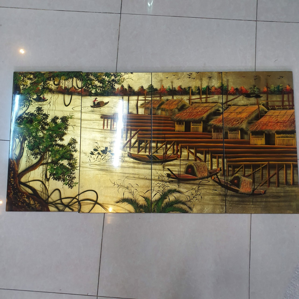 Tranh sơn mài 4 mùa Mai Lan Cúc Trúc, vẽ 3D đắp nổi size 60x120 cm