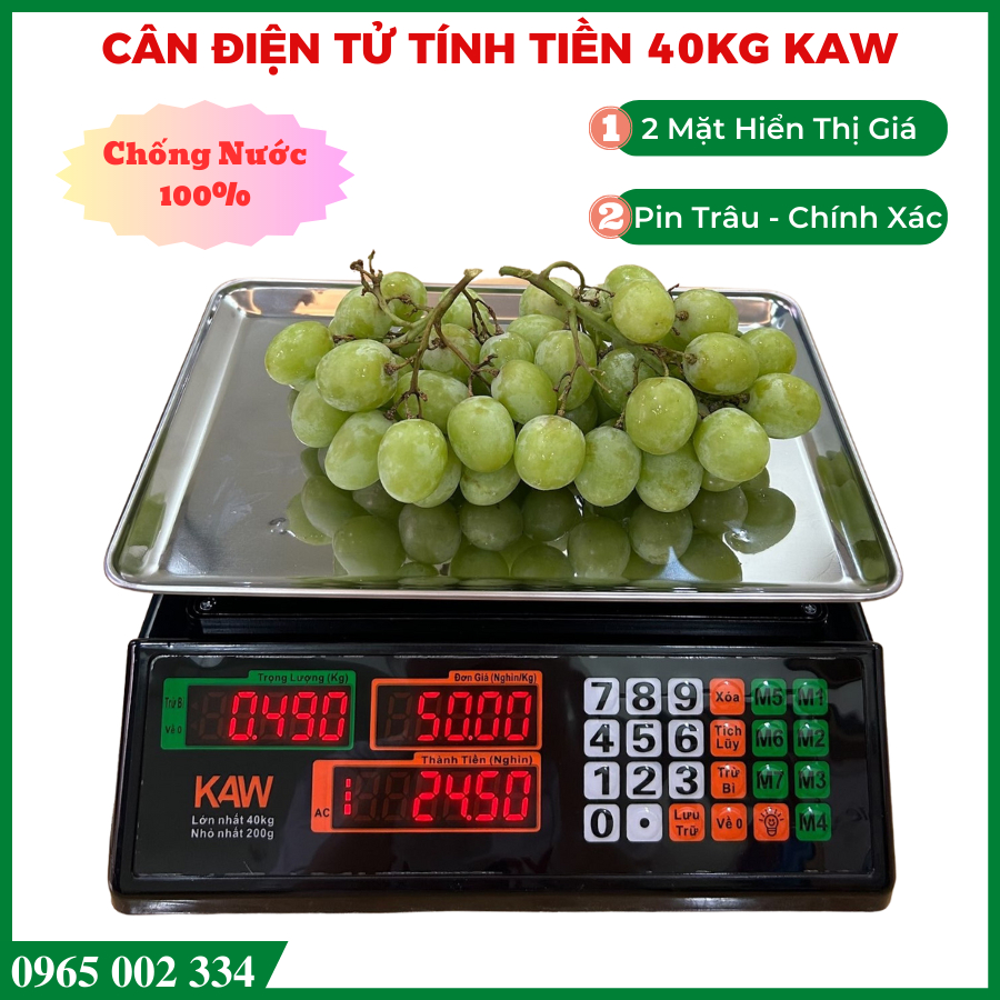 Cân điện tử chống nước KAW đầy đủ chức năng tính tiền, cồng dồn, nhớ giá, LED đỏ, Tiếng Việt sử dụng dễ dàng -BH 1 đổi 1