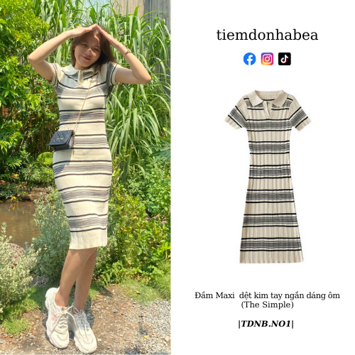 Đầm Maxi Dệt Kim Thiết Kế Tay Ngắn Cổ Polo Kết Hơp Họa Tiết Kẻ Sọc Thời Trang Mùa Hè Phong Cách Hàn Quốc