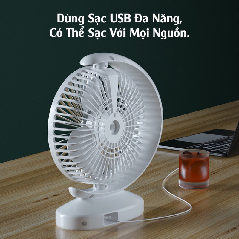Quạt mini tích điện để bàn xoay 180 độ, máy quạt pin sạc điện usb làm mát công suất lớn 3 chế độ gió 1200 mAh.