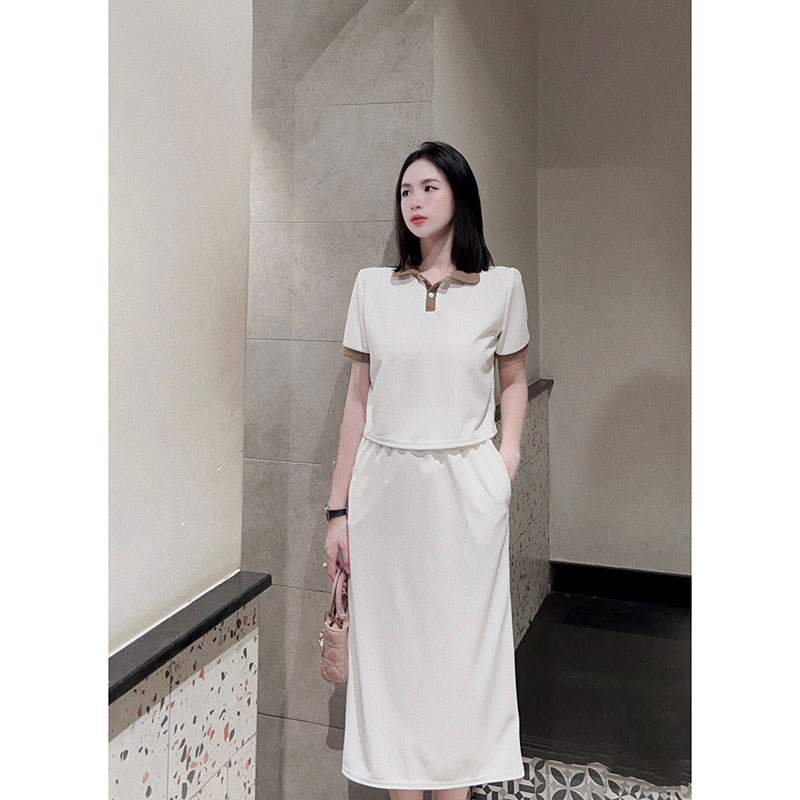 Set Váy Áo Nữ Áo Cổ Đức Cộc Tay Mix Chân Váy Dài Chữ A SB4041 - Lolla Fashion