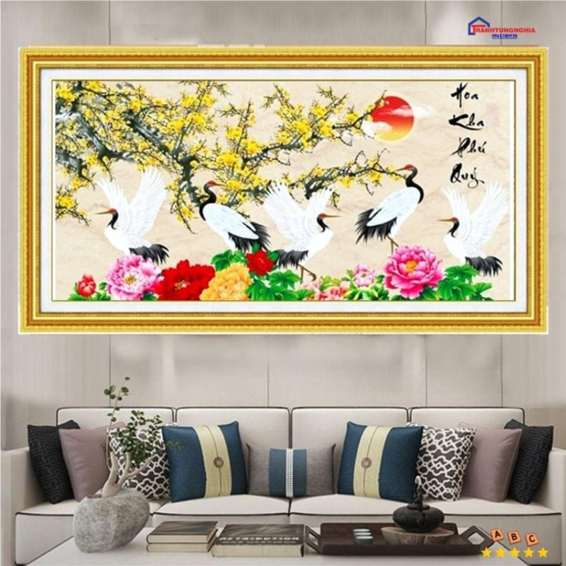 Tranh đính đá, tranh thêu chữ thập hoa khai phú quý
