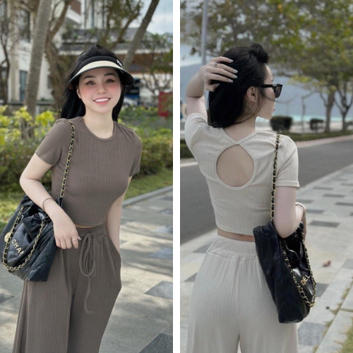 Set Bộ Crotop Thun Tăm Hở Lưng Mix Quần Ống Rộng Freesize MILASU.Store 215