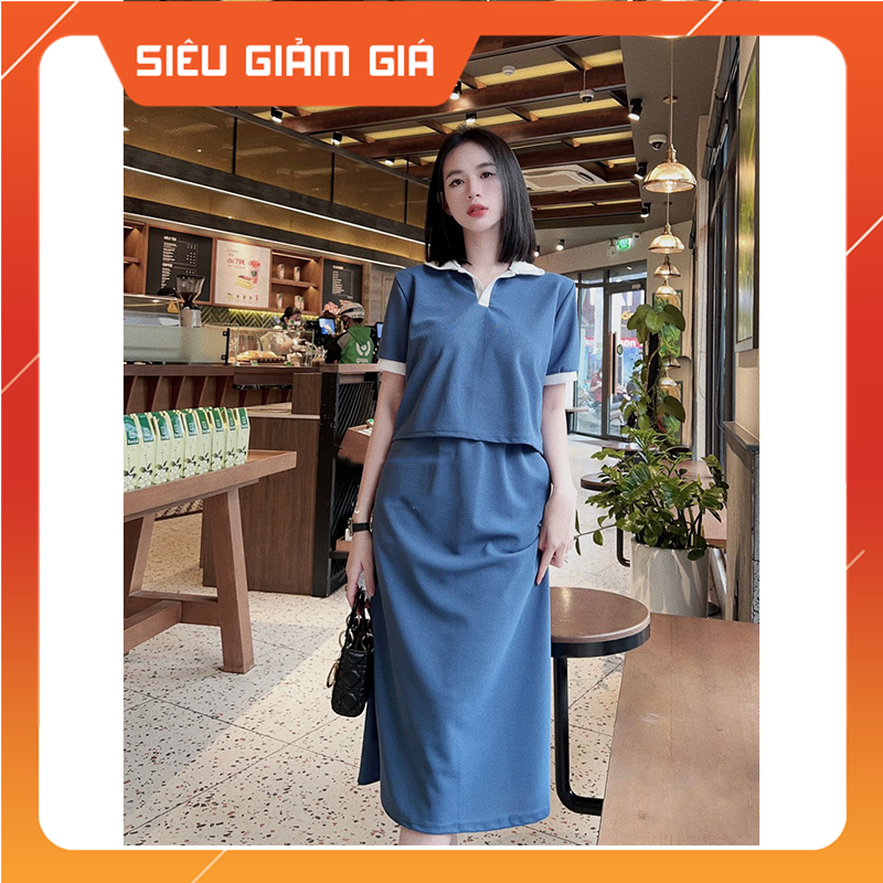 Set Váy Áo Nữ Áo Cổ Đức Cộc Tay Mix Chân Váy Dài Chữ A SB4041 - Teen888
