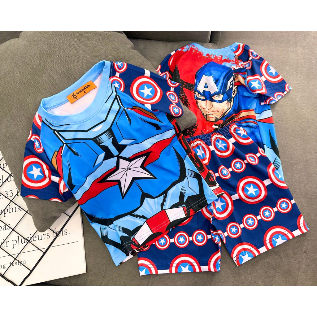 Bộ tay ngắn quần đùi lửng thun lạnh 3D loại 1 Annkids hoạt hình siêu nhân cơ bắp size đại 23-42KG Pikakids