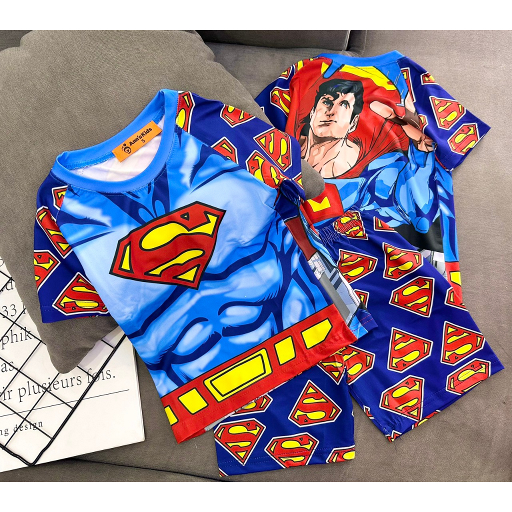 Bộ tay ngắn quần đùi lửng thun lạnh 3D loại 1 Annkids hoạt hình siêu nhân cơ bắp size đại 23-42KG Pikakids