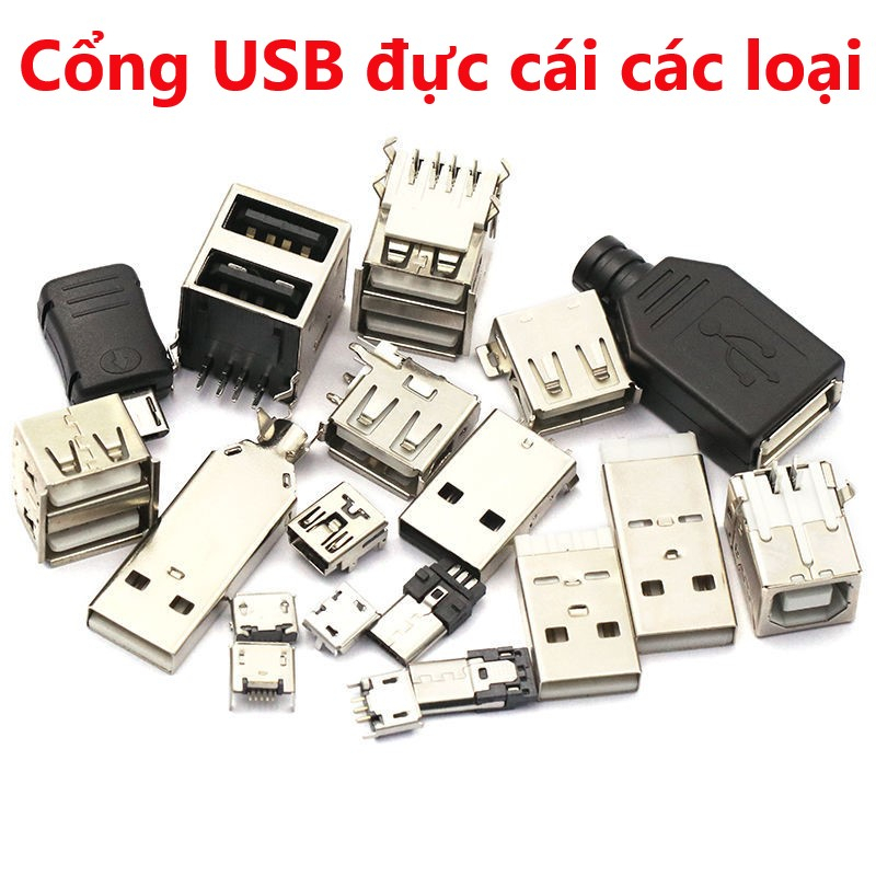 Gói 5 cổng USB A Cái chân cắm, chân dán, USB A đực, USB B cái cắm, USB Mini, USB Micro cái căm, dán