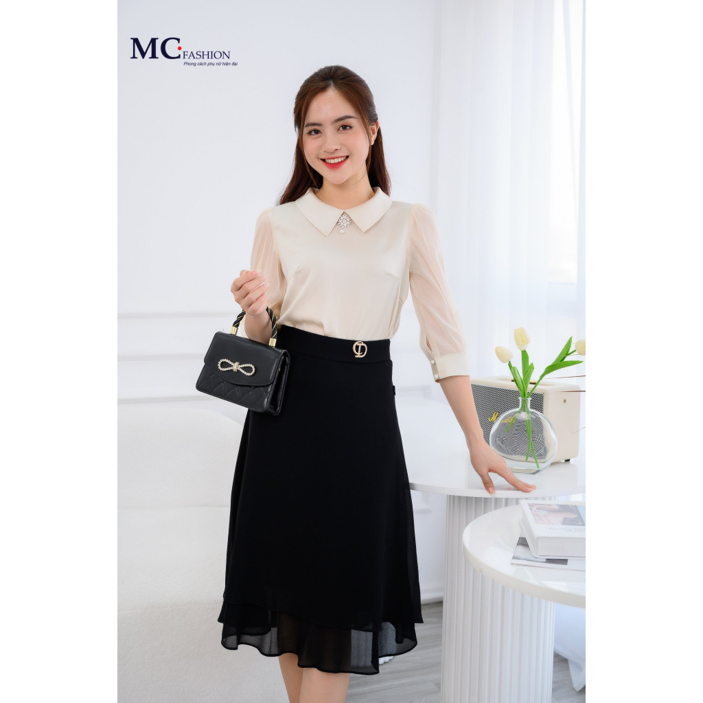 Áo kiểu tay lỡ một màu phối tay cổ ren đính PK áo sơ mi MC FASHION lụa cao cấp