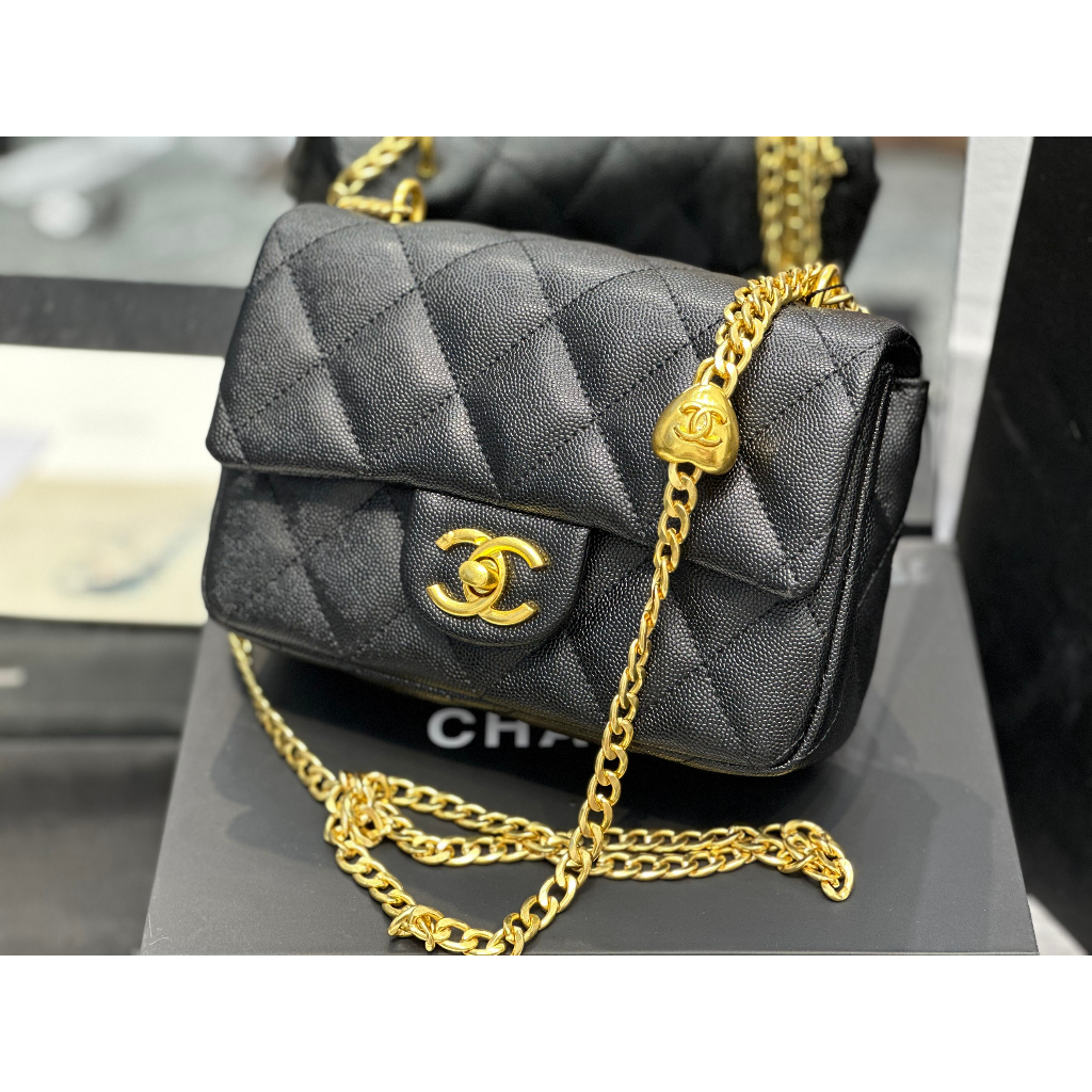 Túi chan flap mini 7 charm da hạt caviar size 19 Fullbox vip nam châm, bọc nguyên seal, túi đóng gói đẹp đầy đù phụ kiện