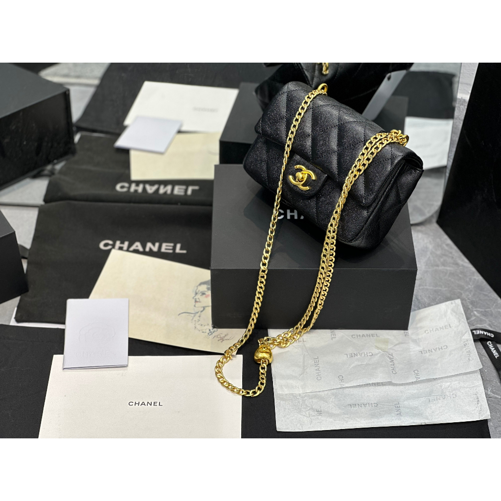 Túi chan flap mini 7 charm da hạt caviar size 19 Fullbox vip nam châm, bọc nguyên seal, túi đóng gói đẹp đầy đù phụ kiện