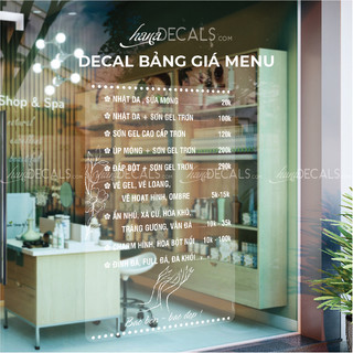 Decal Bảng Giá Menu dán cửa kính làm đẹp shop Dễ dán HanaDecals
