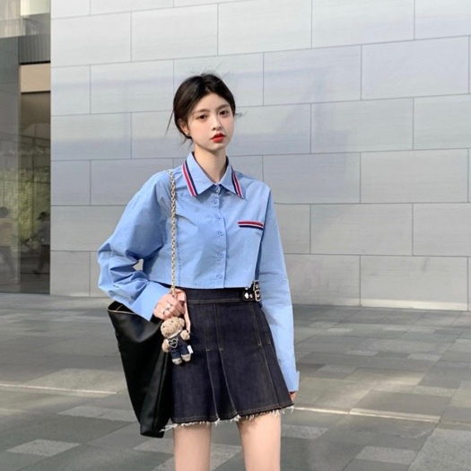 Sơ Mi Croptop Nữ Dáng Ngắn Deliz, Áo Sơ Mi Trắng Crt Dài Tay Phối Kẻ Sang Chảnh
