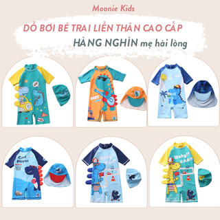 Đồ bơi bé trai liền thân cộc tay kèm mũ che gáy/mũ tròn