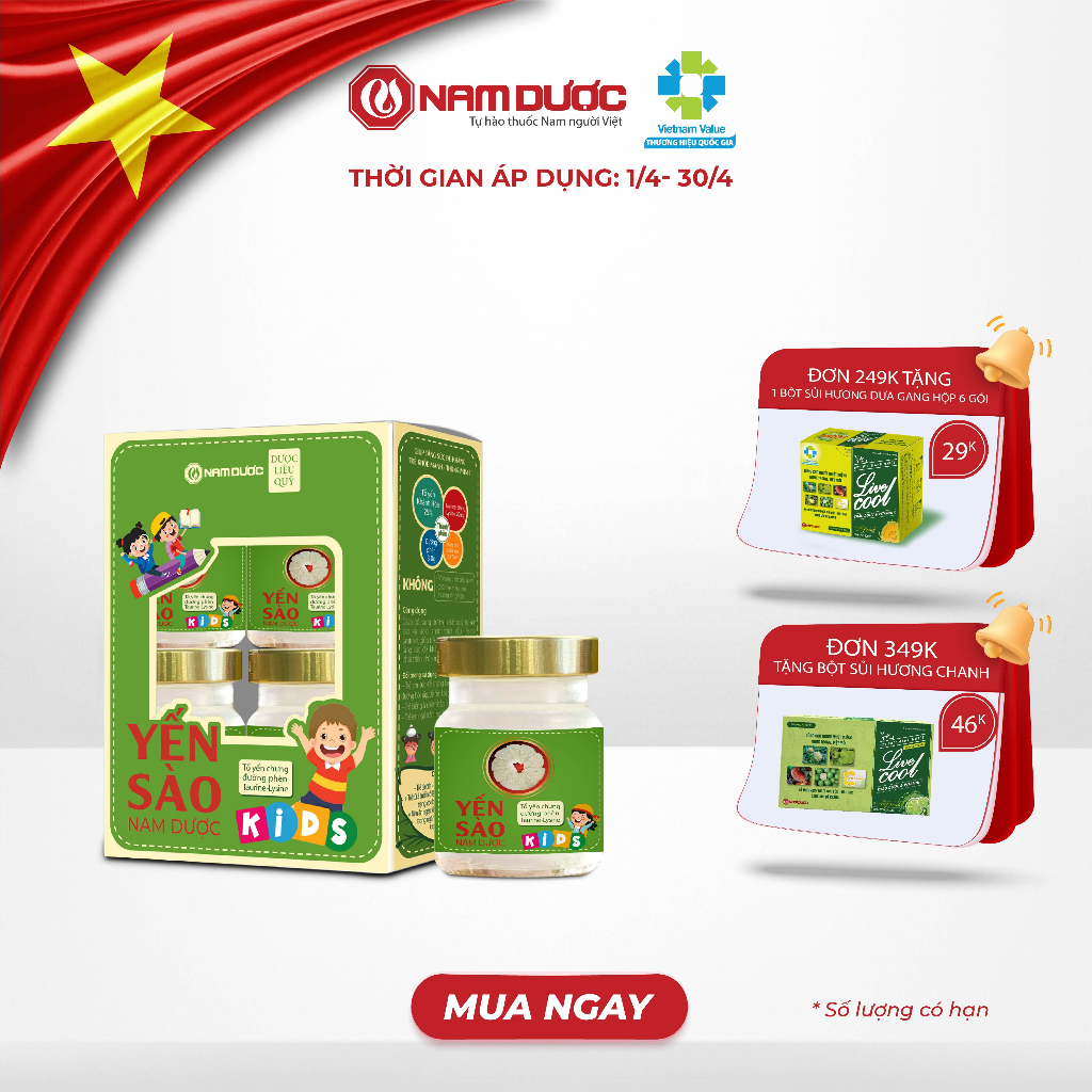 Yến sào Nam Dược Kids 4 lọx 70ml tổ yến chưng đường phèn, hỗ trợ đề kháng, bổ sung dưỡng chất cho trẻ