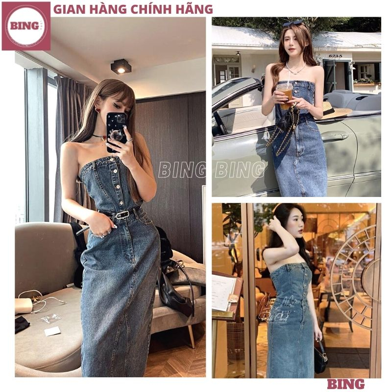 Váy bò cúp ngực dáng dài ôm body sexy quyến rũ cao cấp, Đầm jean denim quây lưng chun xẻ sau kèm đai thiết kế - BING