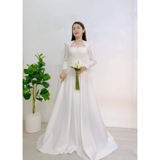 váy cưới vải Phi Nhật trắng tay dài cổ xẻ ôm cổ, tay dài dáng xoè