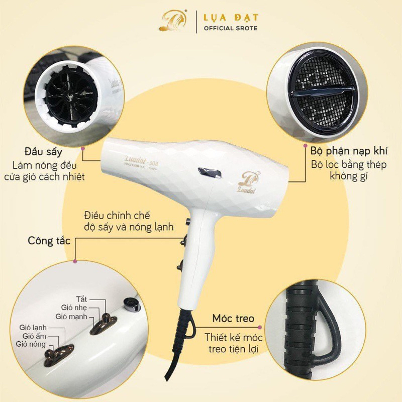 Máy sấy tóc công suất lớn, máy sấy 2 chiều nóng lạnh, sấy khô bằng công nghệ ánh sáng xanh