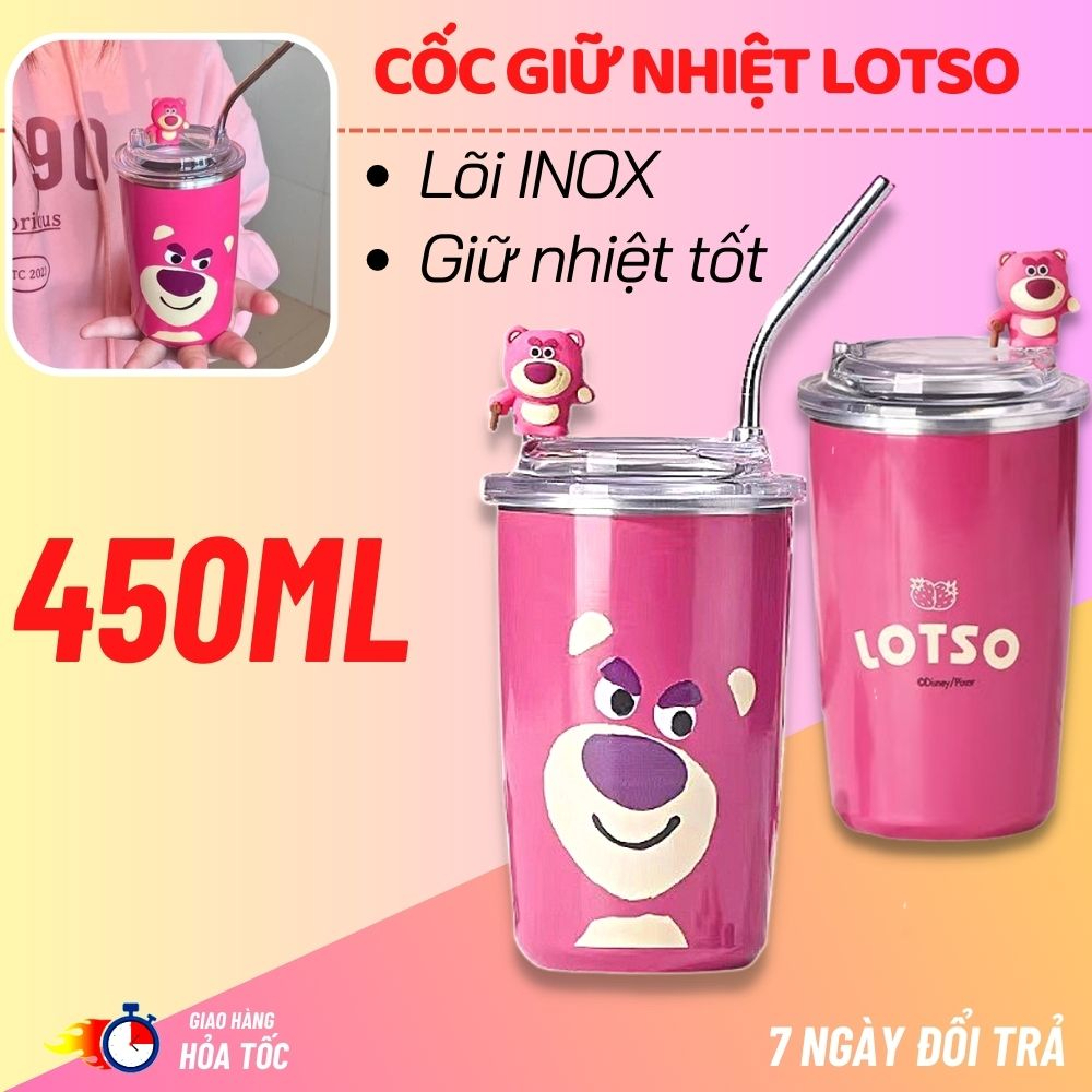 Ly, Cốc Giữ Nhiệt Họa Tiết Gấu Dâu LOSTO Siêu Cute, Thiết Kế Lõi Inox Chống Gỉ, Thể Tích 450ml