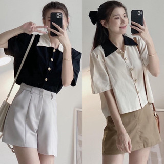 [Ảnh thật/Video] Áo sơ mi cúc đồng cổ pha sang chảnh