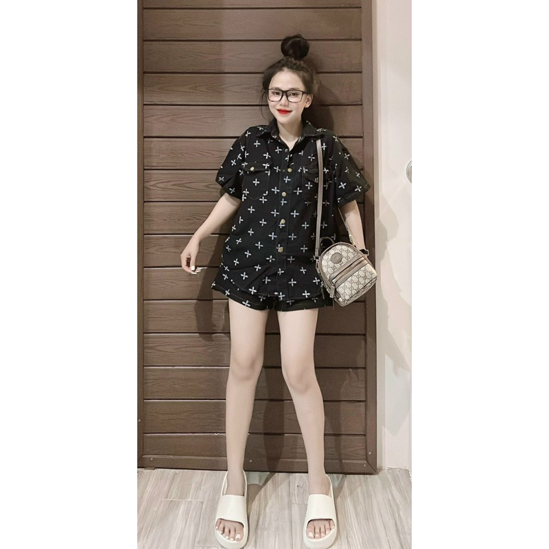 hv-Set jean áo sơ mi quần sọt họa tiết thập :220k