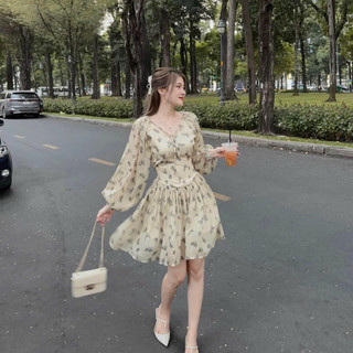 ĐẦM XÒE VOAN HOA 2 LỚP TAY PHỒNG DÀI CÓ MÚT NGỰC VÁY XÒE HÀNG QC SIÊU XINH