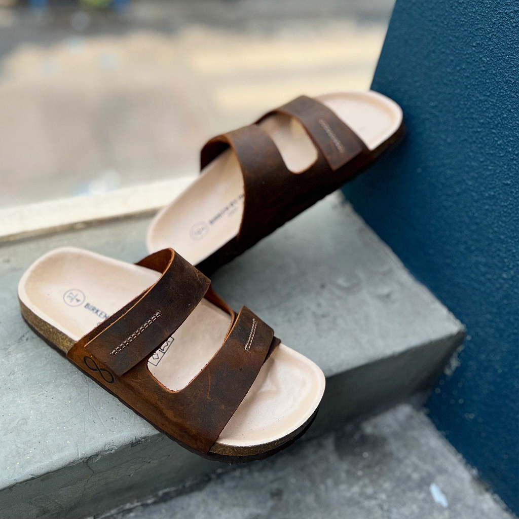 Dép đế trấu da bò thật 2 quai ngang nam nữ Birken xé dán tiện dụng DETAUNISEX lót si kem - DEBO25N