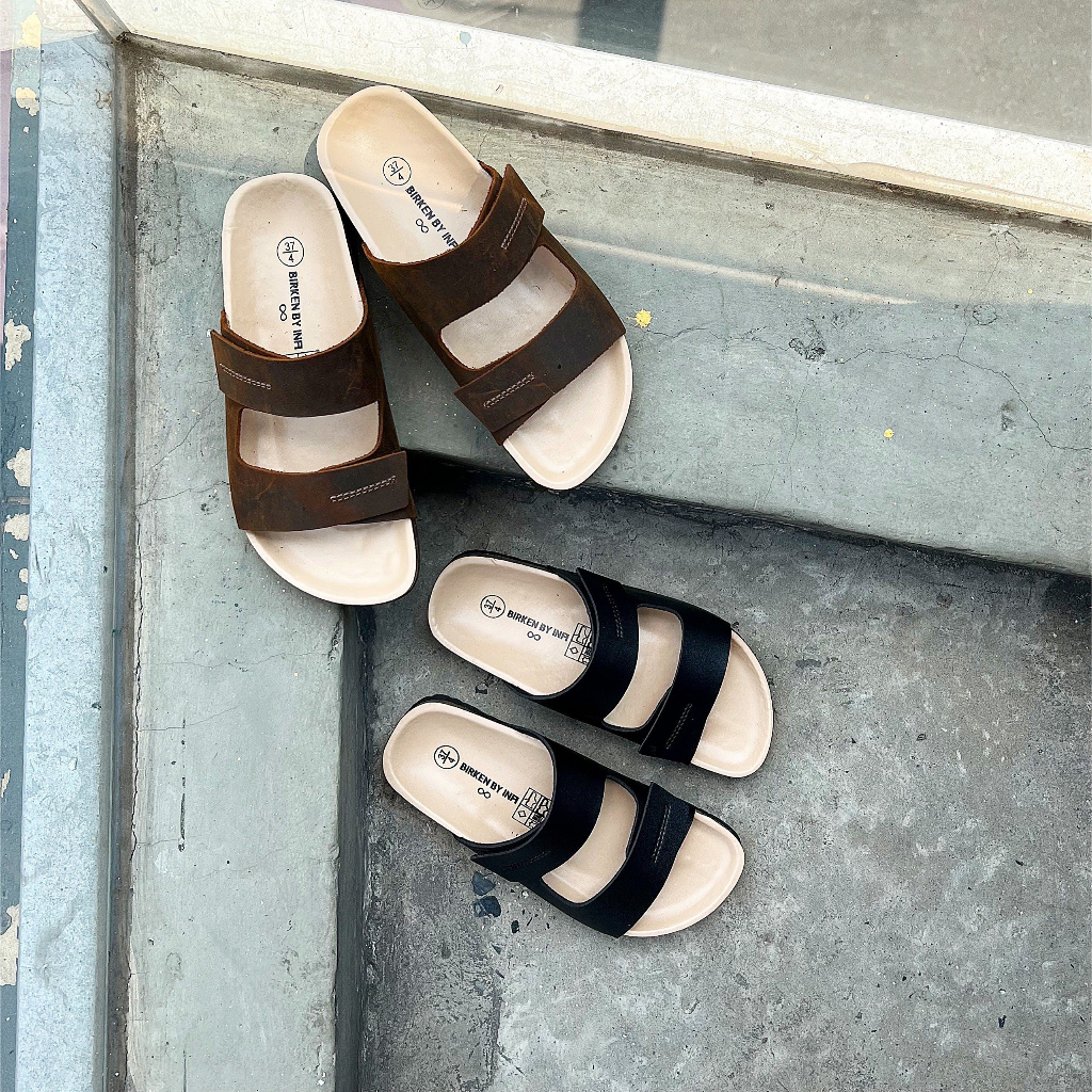 Dép đế trấu da bò thật 2 quai ngang nam nữ Birken xé dán tiện dụng DETAUNISEX lót si kem - DEBO25N
