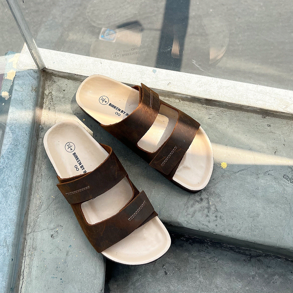 Dép đế trấu da bò thật 2 quai ngang nam nữ Birken xé dán tiện dụng DETAUNISEX lót si kem - DEBO25N