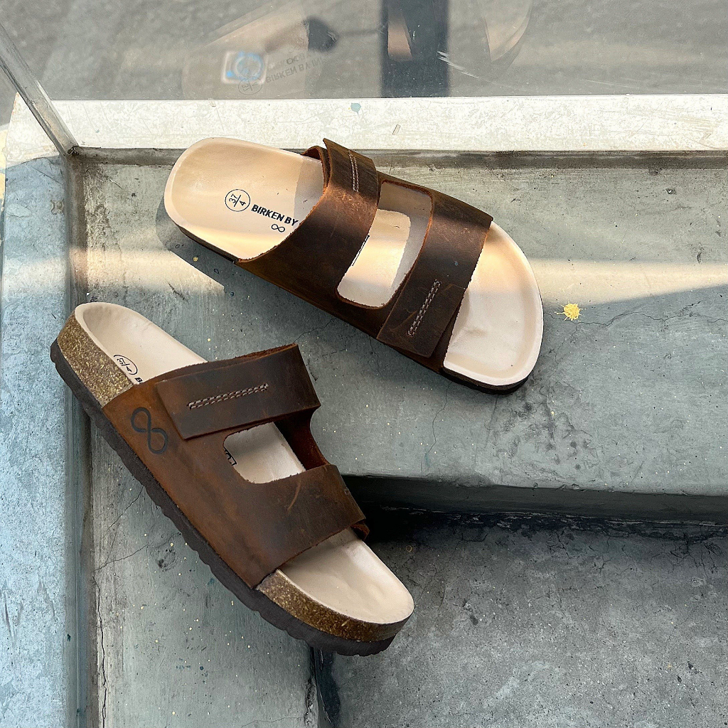 Dép đế trấu da bò thật 2 quai ngang nam nữ Birken xé dán tiện dụng DETAUNISEX lót si kem - DEBO25N