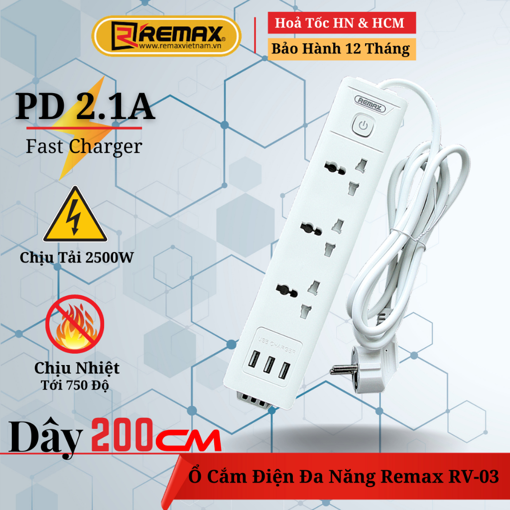 Ổ Cắm Điện Đa Năng Có 3 Cổng USB Sạc Nhanh 2.4A - Chịu Nhiệt , Chịu Tải 2500W Remax RV-03 - Bảo Hành 12 Tháng