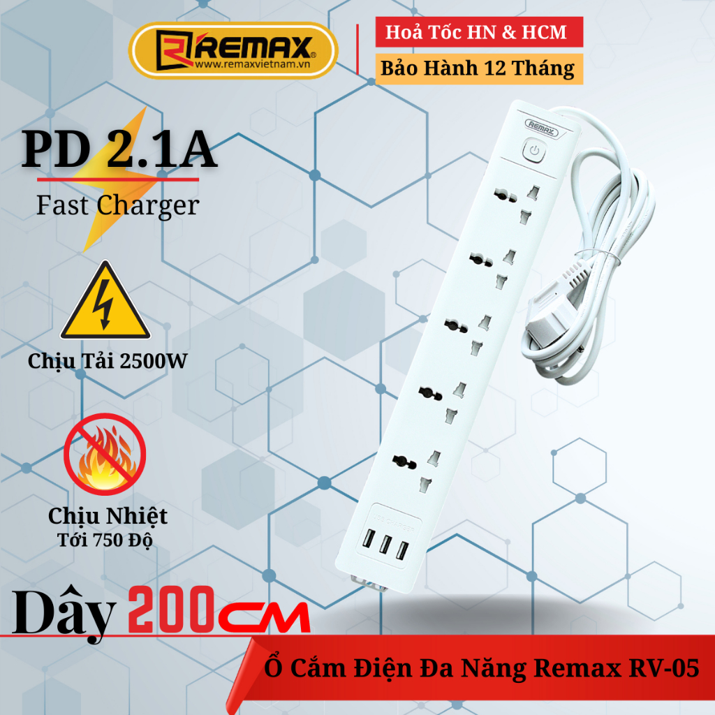 Ổ Cắm Điện Đa Năng 5 Phích Cắm - 3 Cổng USB Sạc Nhanh 2.4A - Chịu Tải 2500W - Remax RV-05 - Bảo Hành 12 Tháng