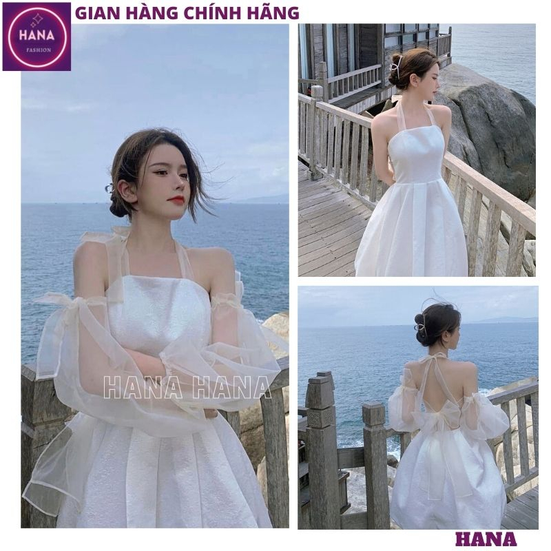 Váy gấm babydoll cổ yếm tay tháo rời mặc được 2 kiểu điệu đà, Đầm nữ dáng ngắn 2 lớp phối voan tơ buộc nơ sau - HANA