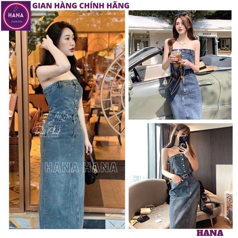 Váy bò cúp ngực dáng dài ôm body sexy quyến rũ cao cấp, Đầm jean denim quây lưng chun xẻ sau kèm đai thiết kế - HANA