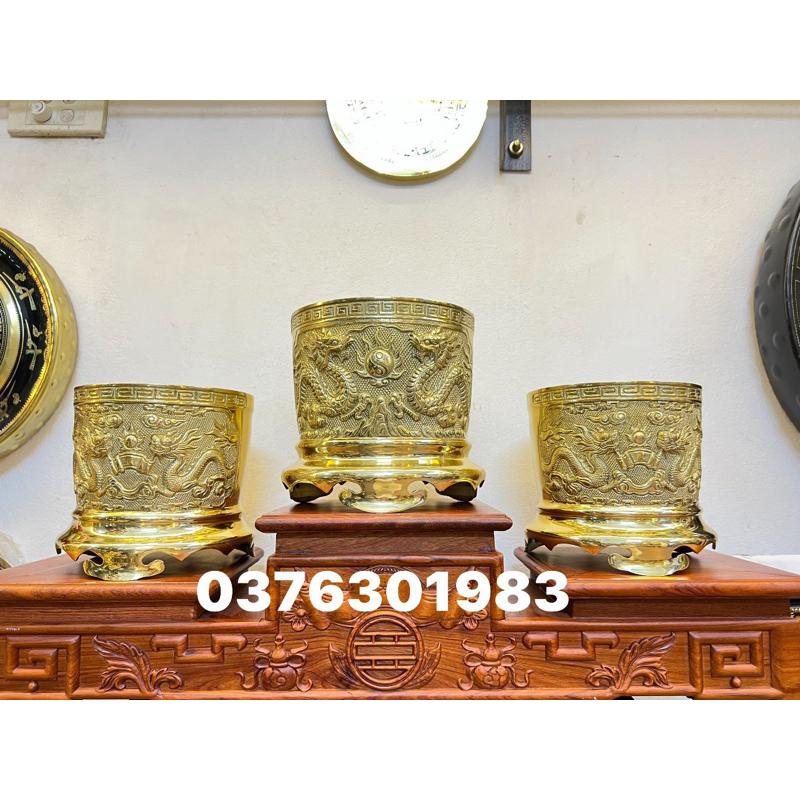 bát hương lư hương đúc rồng nổi đông vàng ánh kim cao 12cm