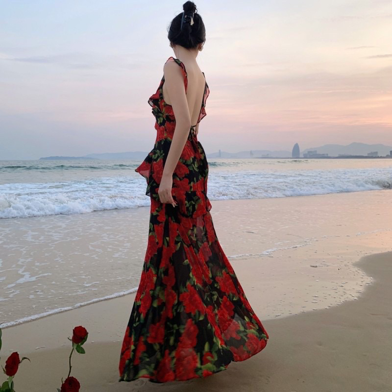 Đầm maxi đi biển voan hoa hở lưng derss summer sea Arashoz H8
