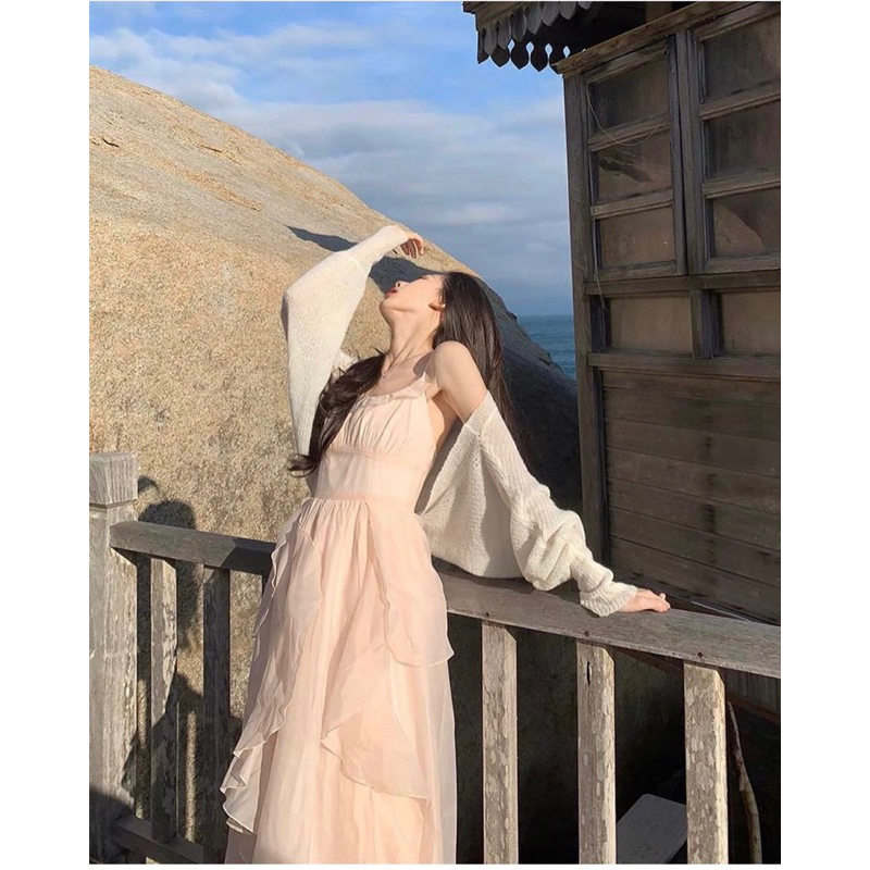 SET ĐẦM MIDI 2 DÂY KEM PHỐI BÈO KÈM ÁO CROPTOP KHOÁC TRẮNG